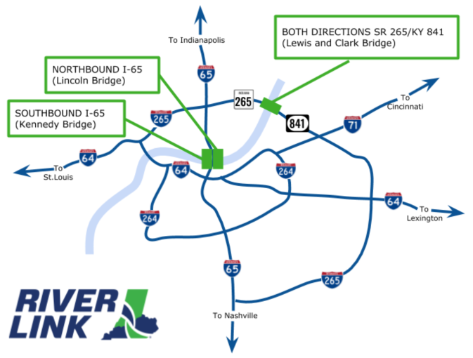 Map of Louisville toll bridge locations